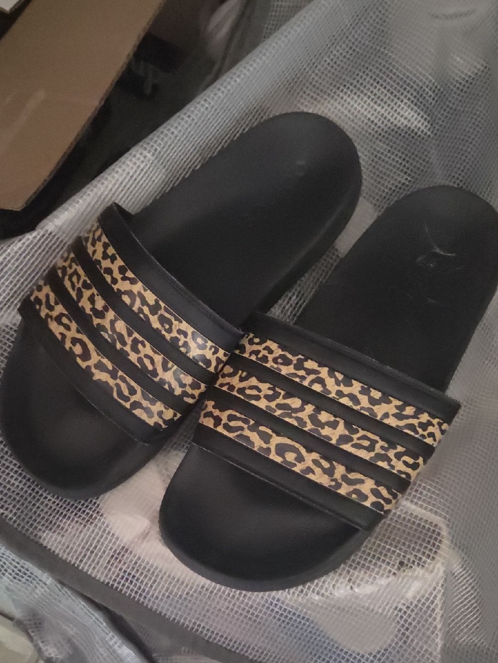 Addidas Women's Black Slide Sandals with Leopard Print Straps